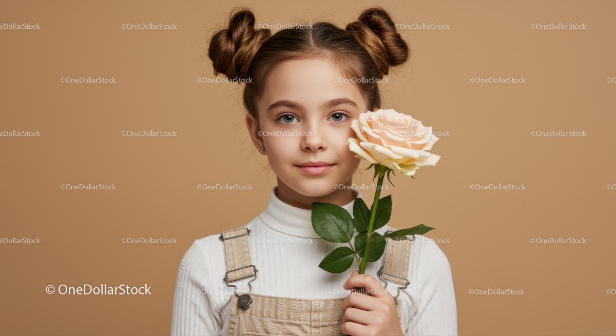 Cute Girl with Blue Eyes Holding a Pink Rose in Studio Portrait
