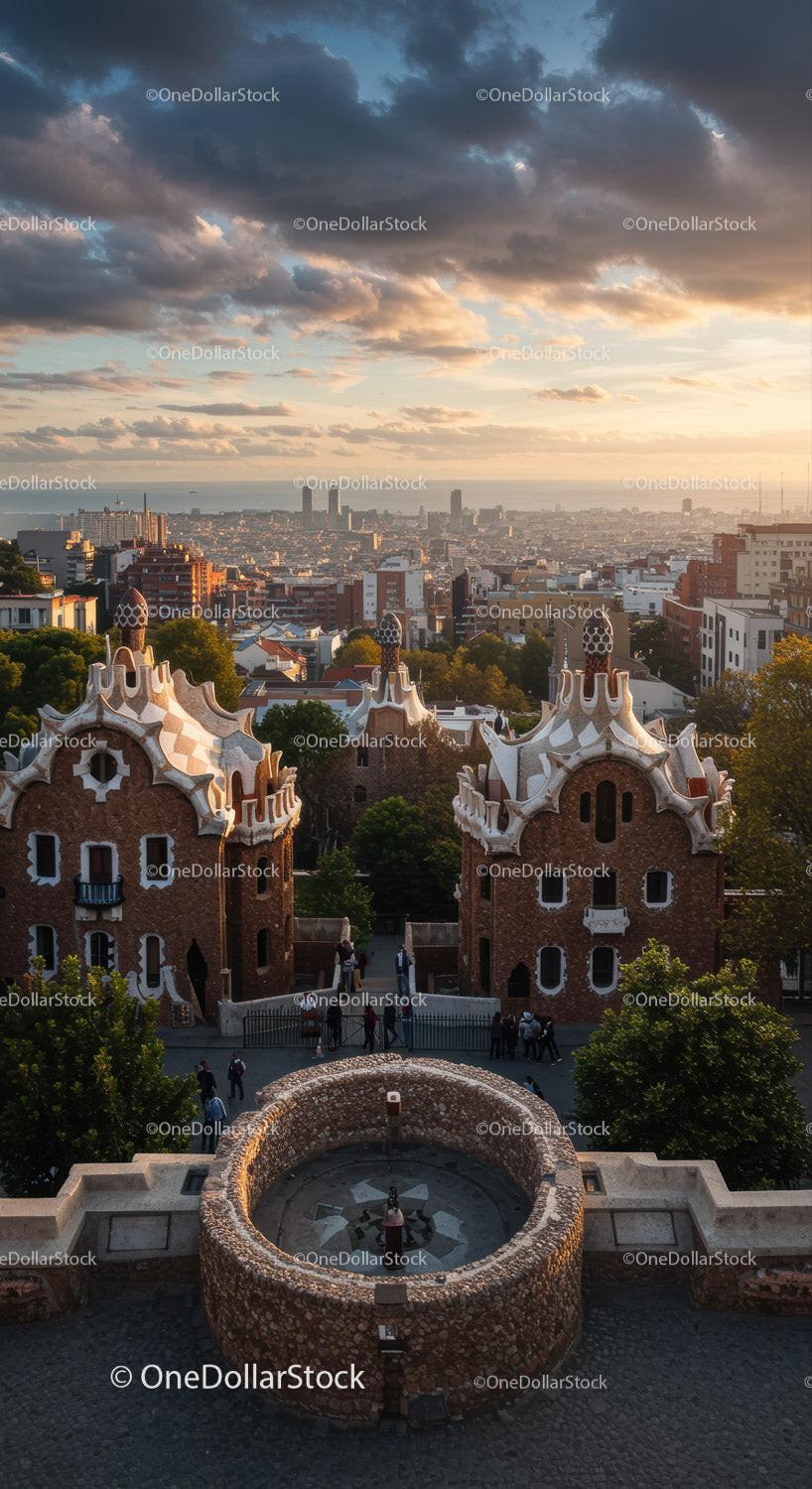 Iconic Gaudi Park Guell with City Skyline and Sunset Sky
