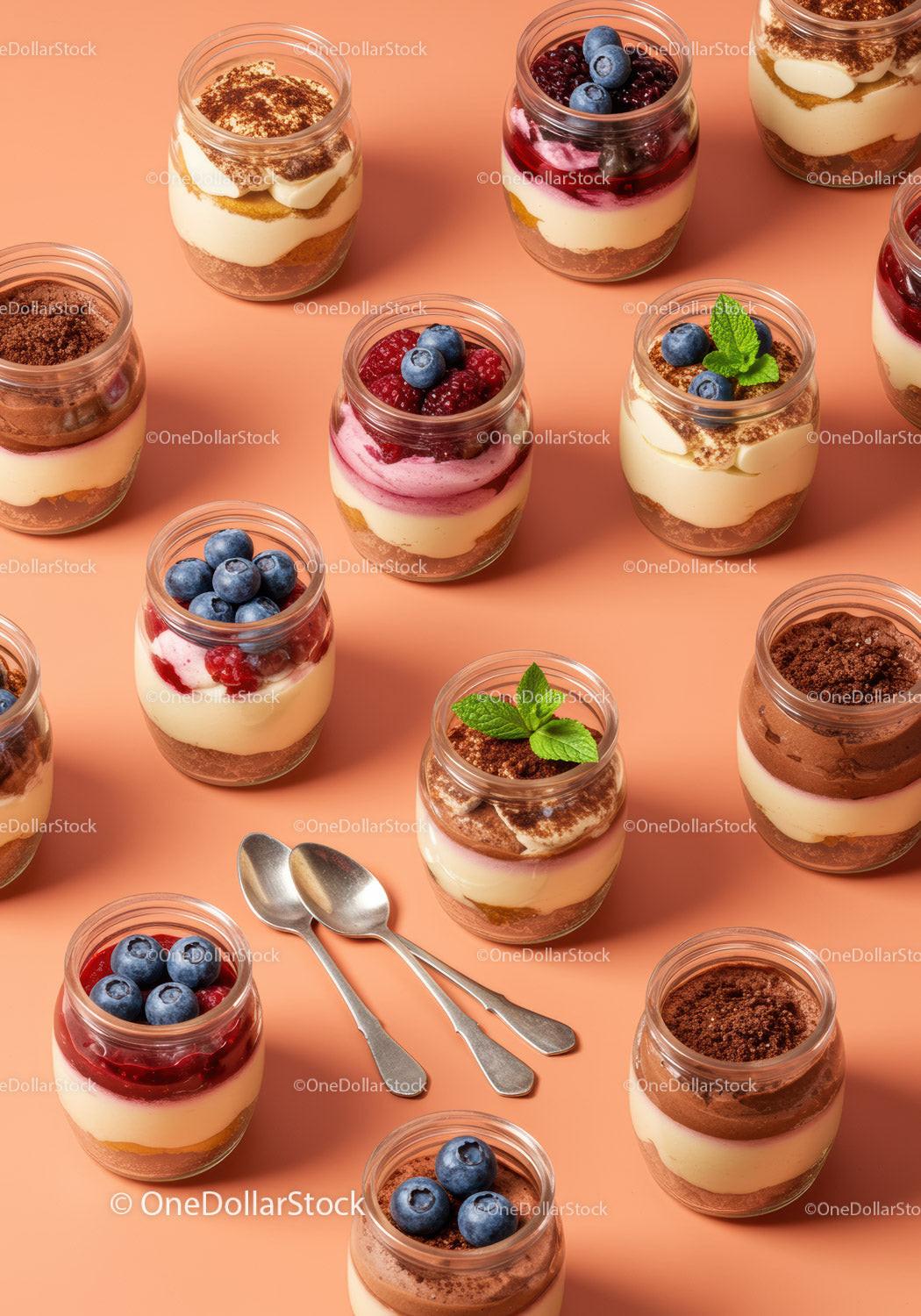 Assorted layered desserts in jars with fresh berries