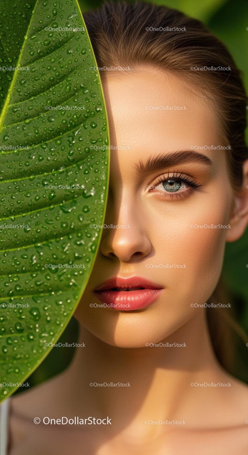 Close-up Portrait of Woman with Tropical Leaf and Water Droplets