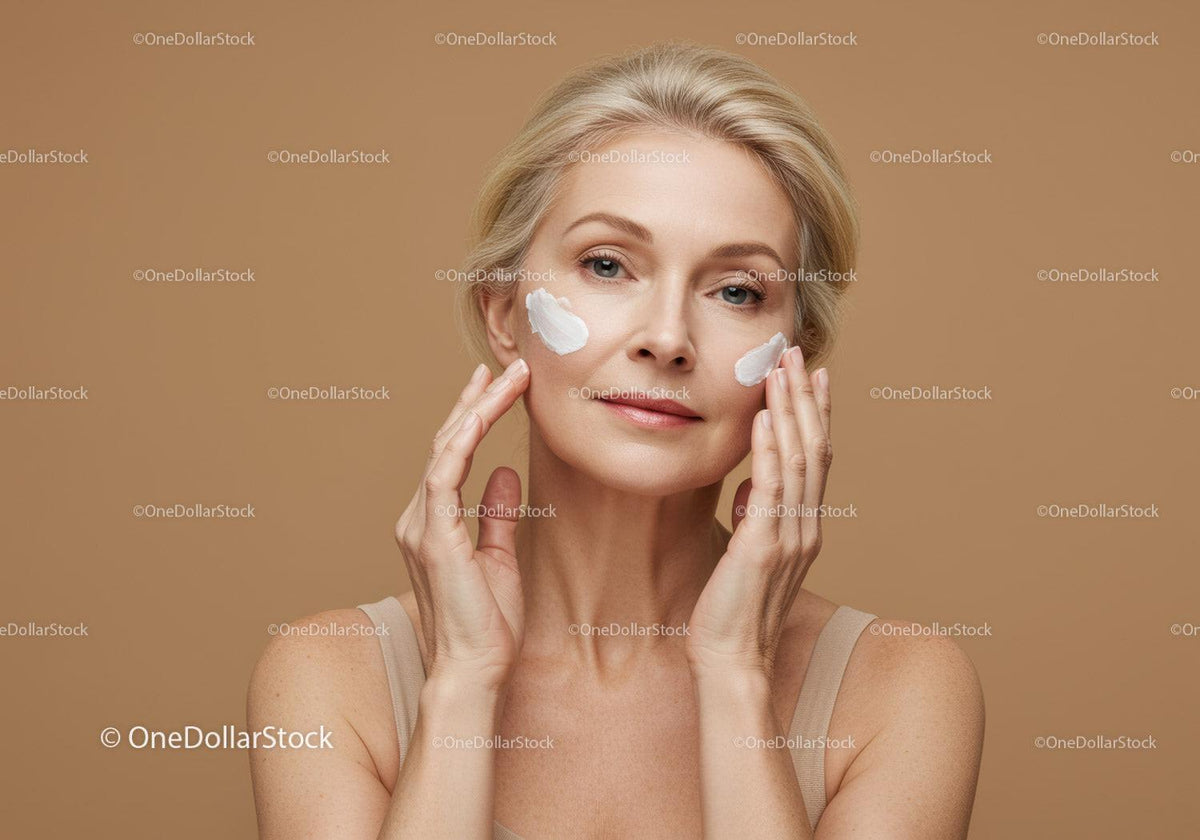 Elegant Mature Woman Applying Facial Cream for Skin Care