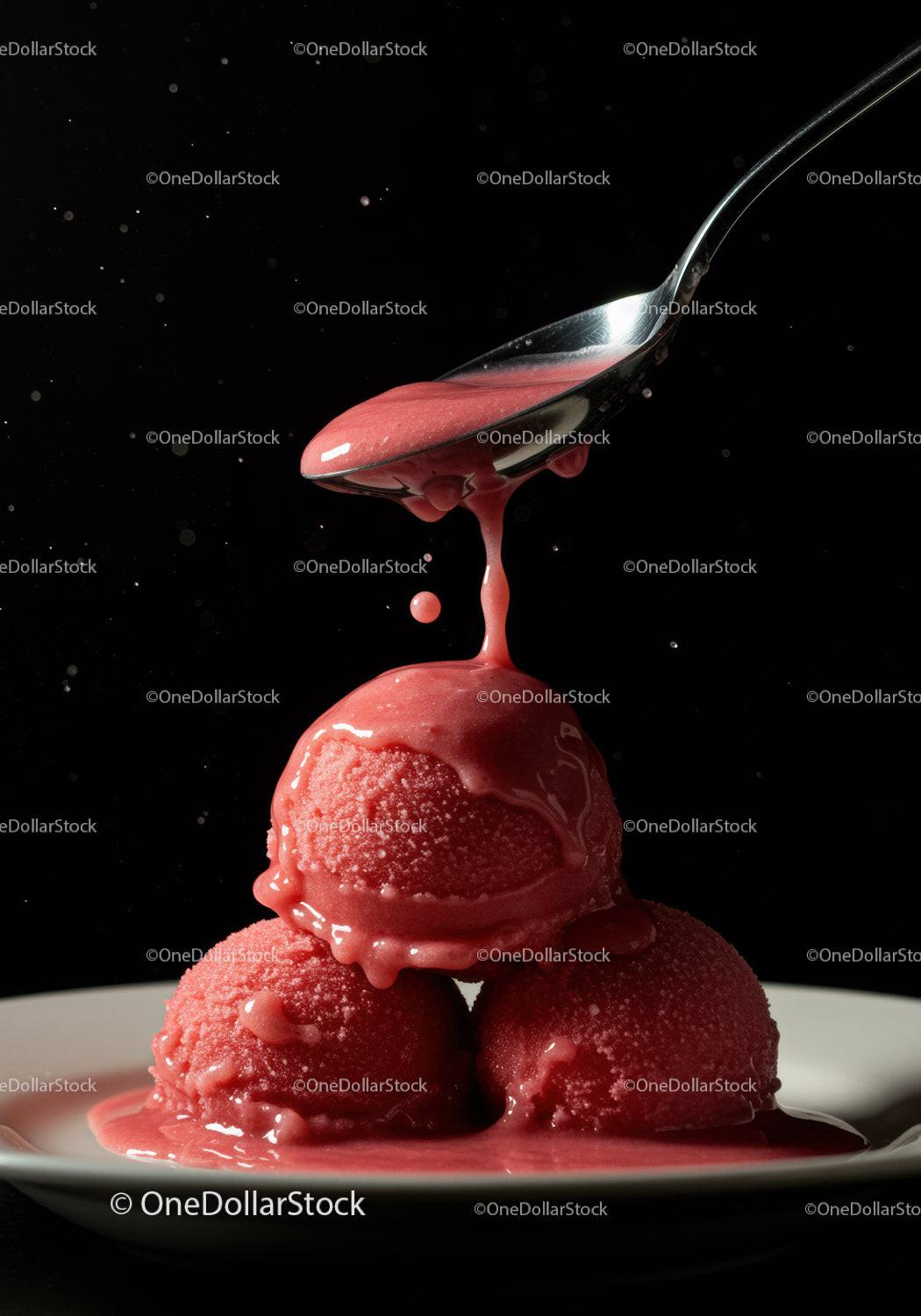 Red berry sorbet scoops with dripping sauce on spoon