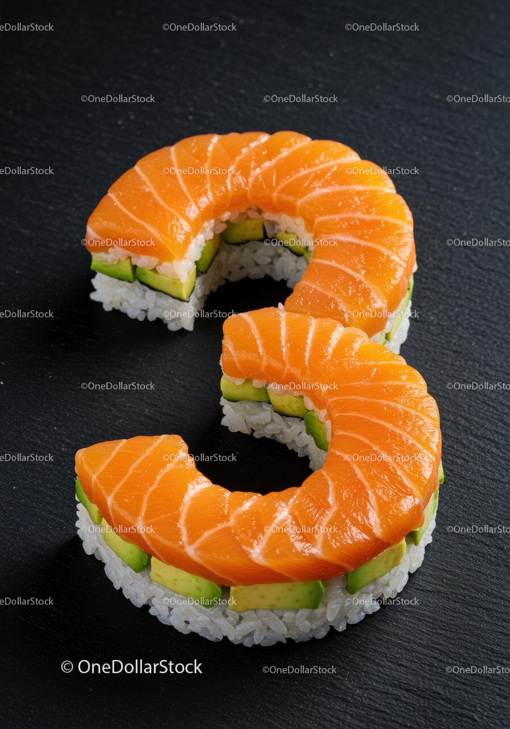 Fresh salmon sushi rolls with avocado on black slate