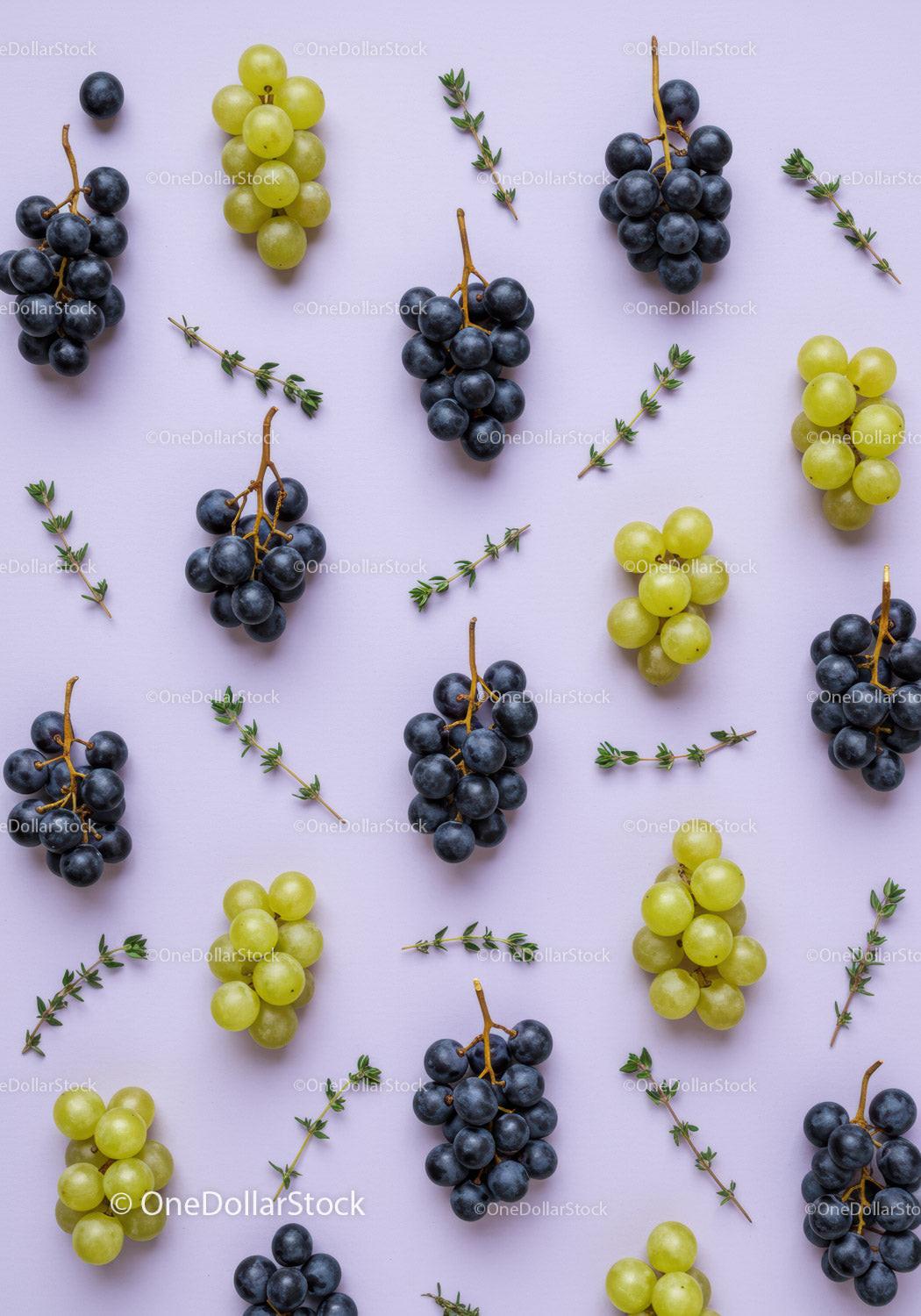 Green and Black Grapes with Fresh Herb Sprigs on Lilac