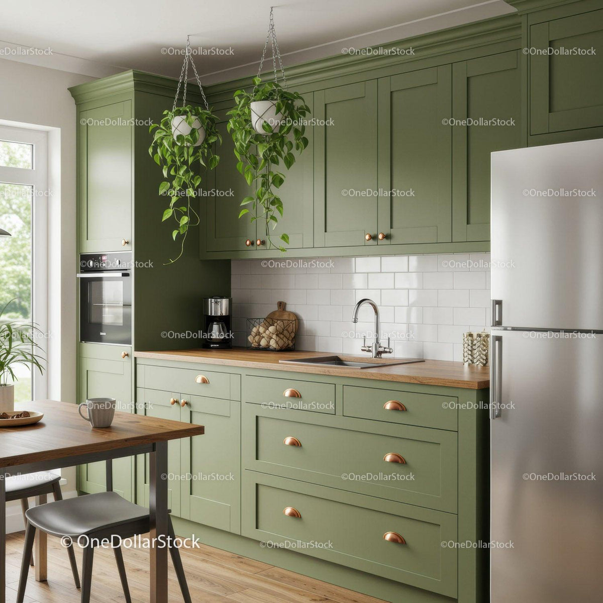 Modern Green Kitchen with Wooden Countertop and Hanging Plants