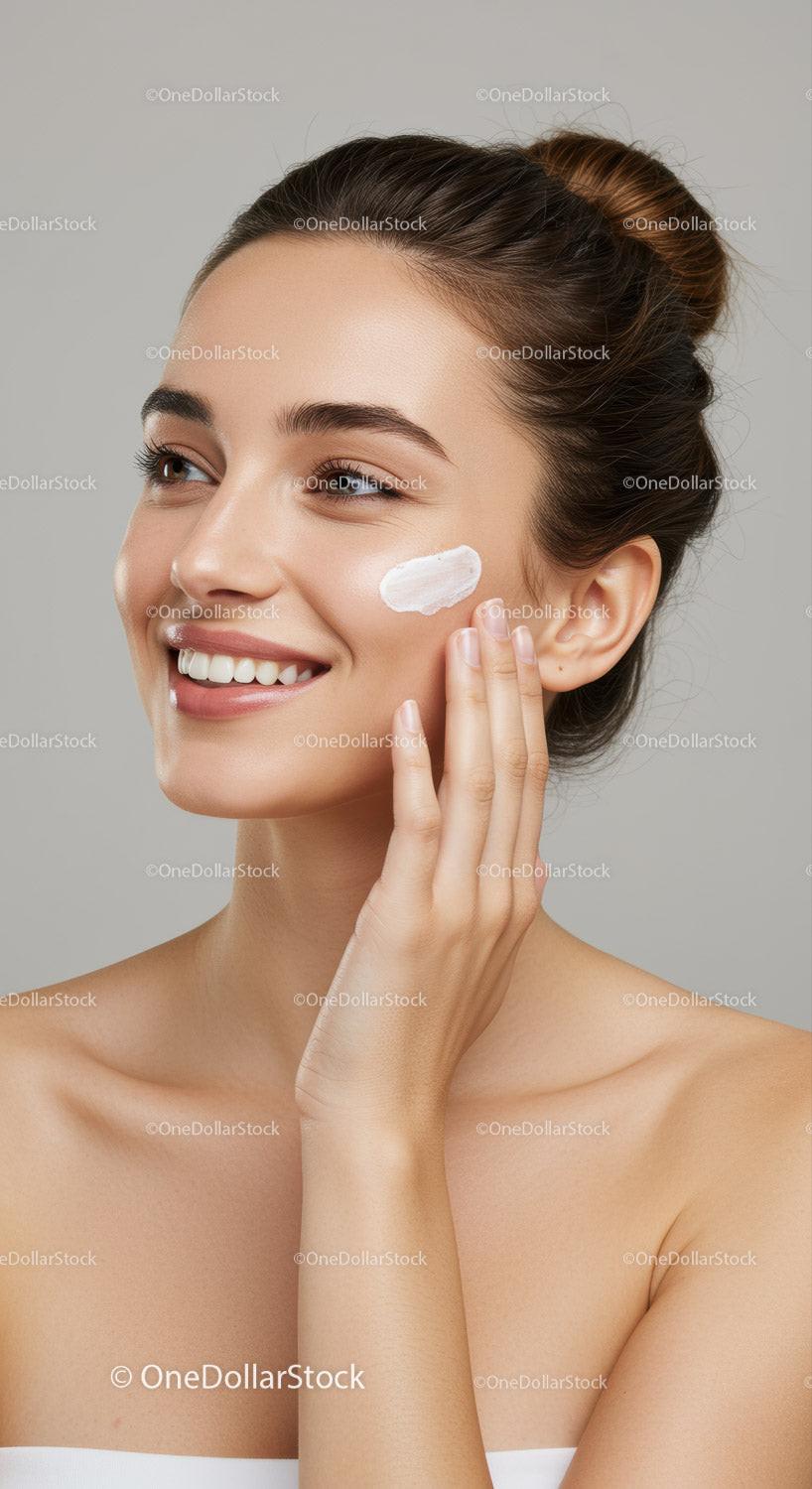 Young Woman Applying Facial Cream for Healthy Glowing Skin