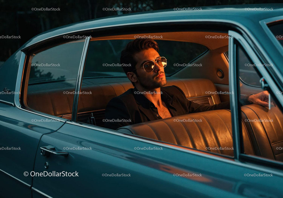 Stylish Man in Sunglasses Sitting in Classic Vintage Car at Sunset Stock Photo Bundle preview 26