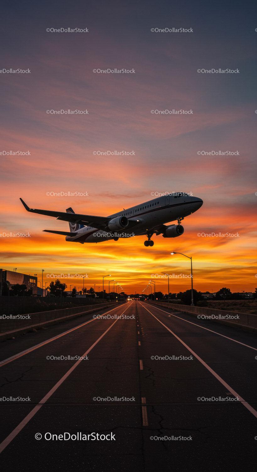 Airplane Flying at Sunset Over Empty Road with Vibrant Sky