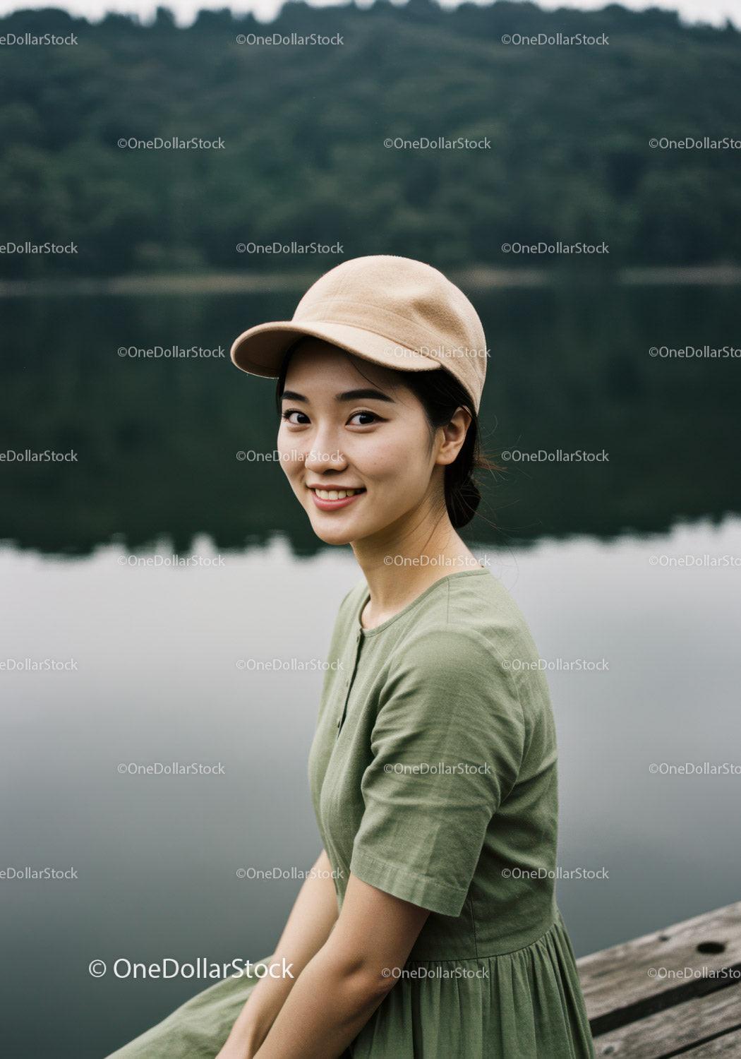Young Woman in Green Dress Wearing Beige Cap Near Lake Landscape Stock Photo Bundle preview 23