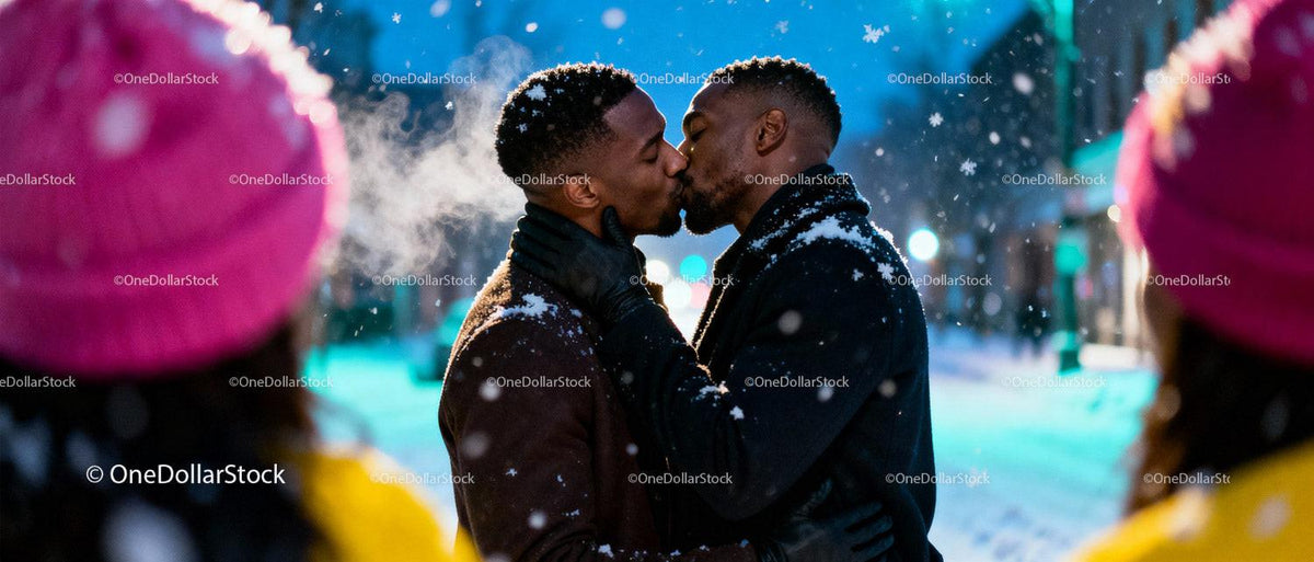 Winter Romance Between Two Men Sharing a Tender Kiss