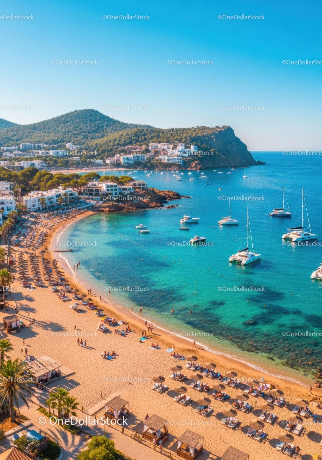 Beautiful Mediterranean Beach with Boating and Resort Scenery
