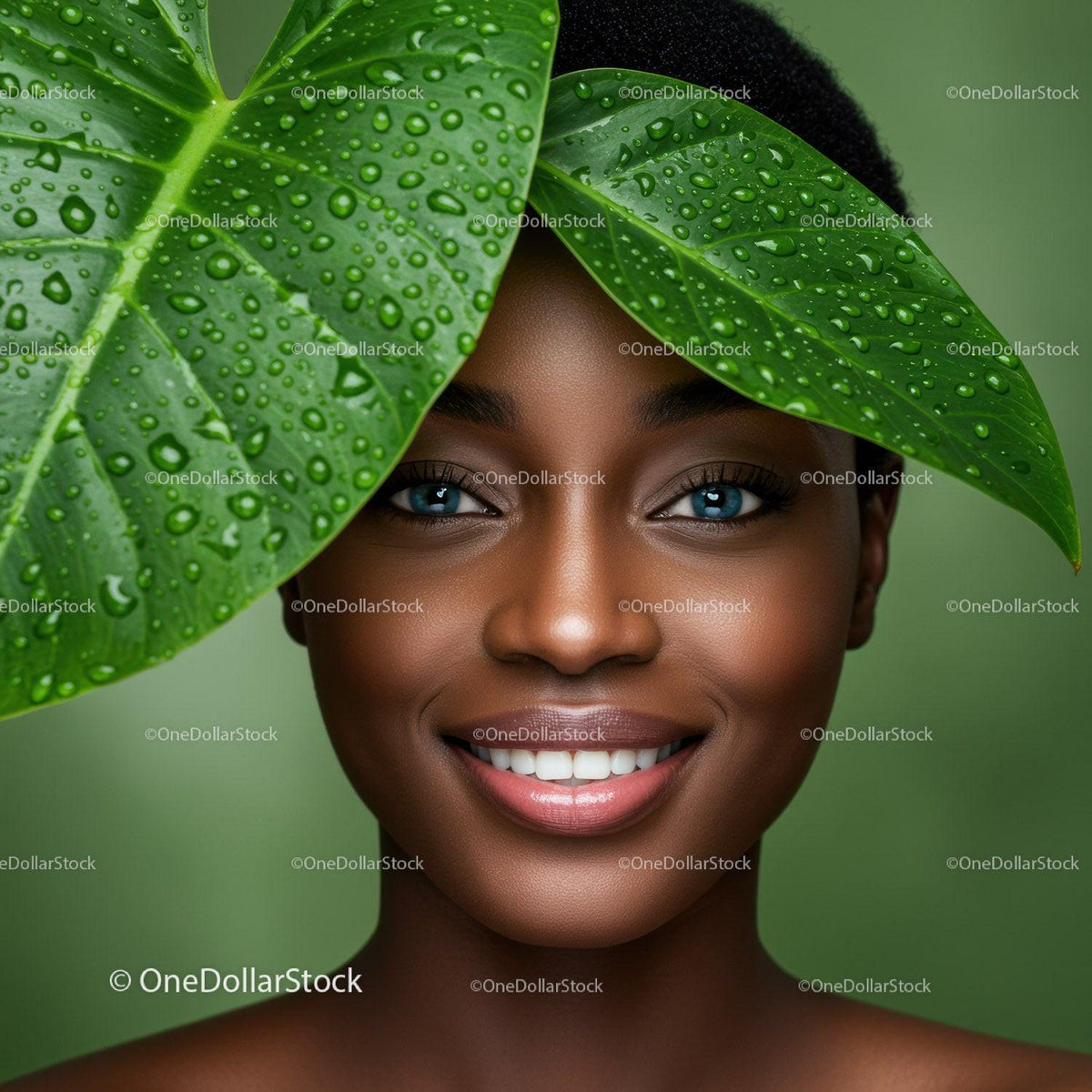 Close-up of a Smiling Woman Peeking Through Green Tropical Leaves