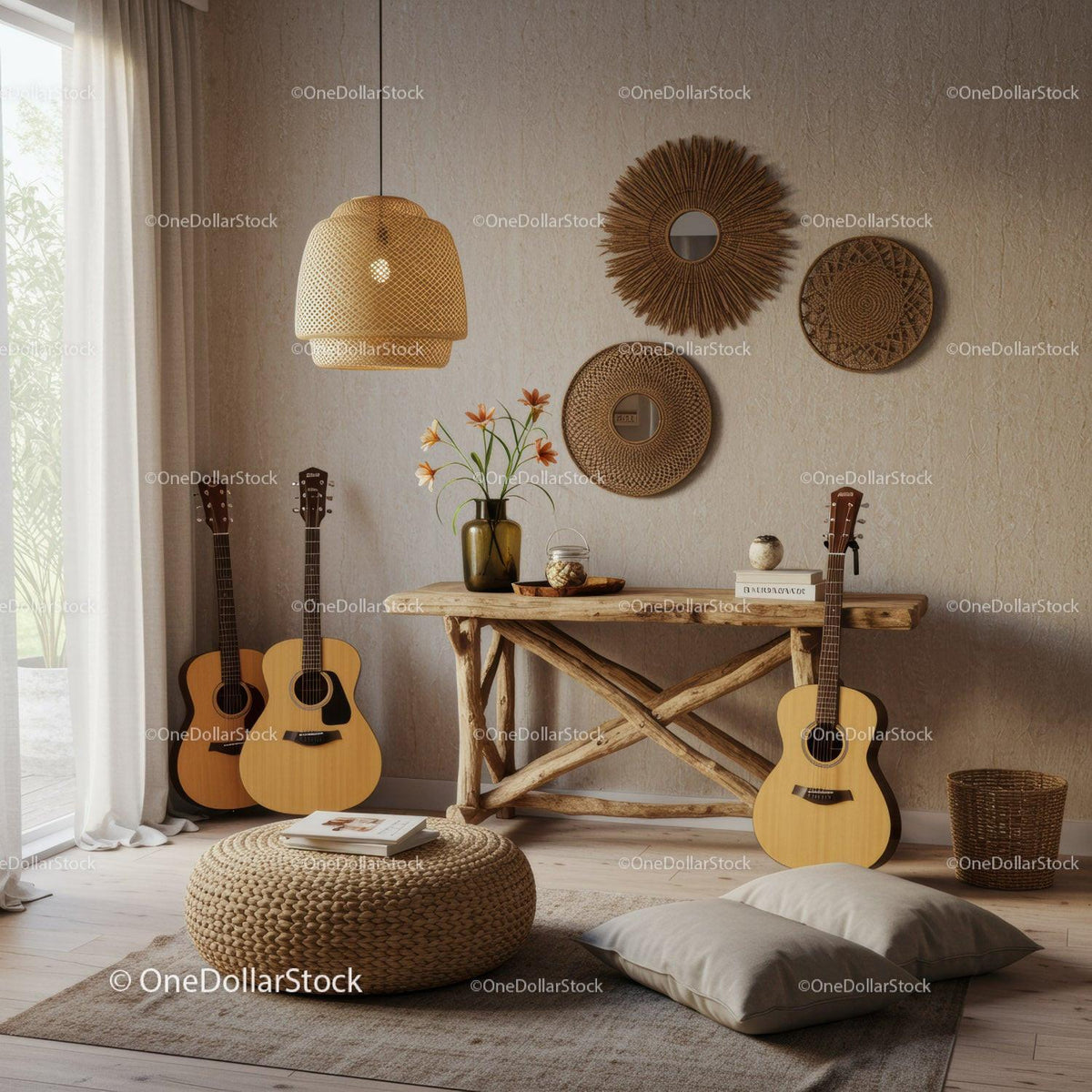 Cozy boho living room with guitars and natural decor