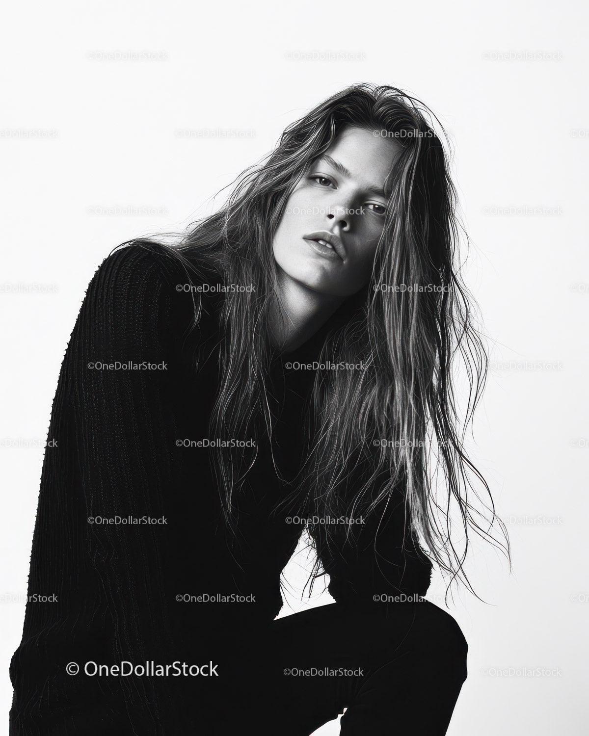 Black and White Portrait of a Stylish Woman with Wavy Hair