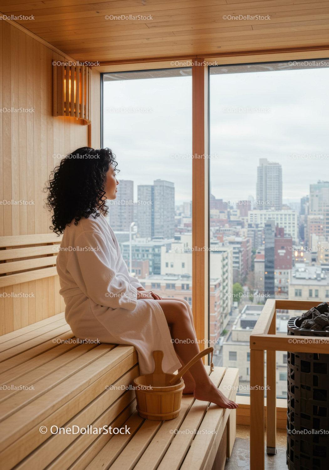 Woman Relaxing in Sauna with Cityscape View in Modern Wellness Center