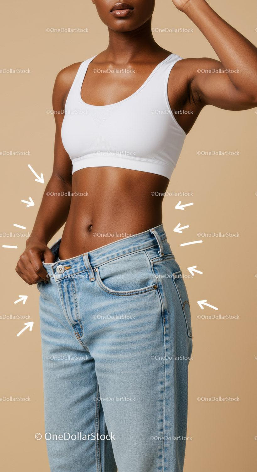 Stylish Woman in White Sports Bra and Jeans Showing Toned Abs