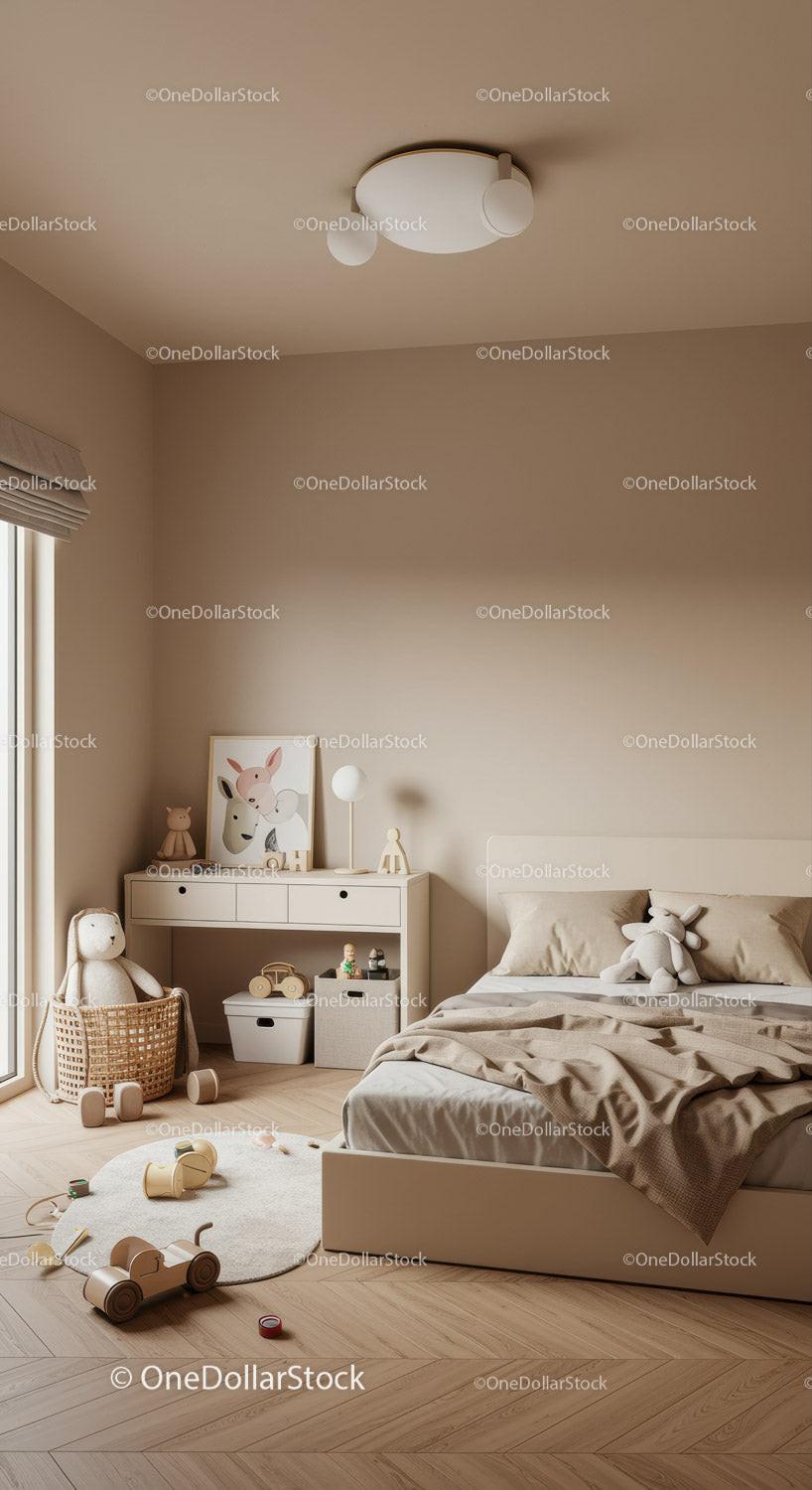 Cozy Children's Bedroom with Beige Walls and Playful Decor