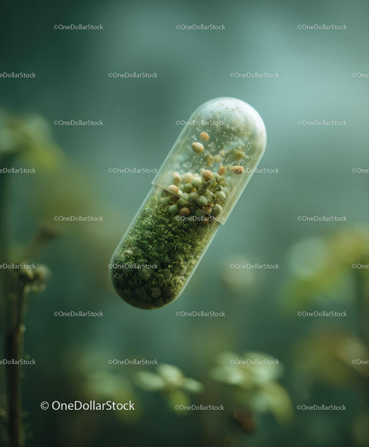 Clear capsule containing green moss and beige seeds floating in a soft green background