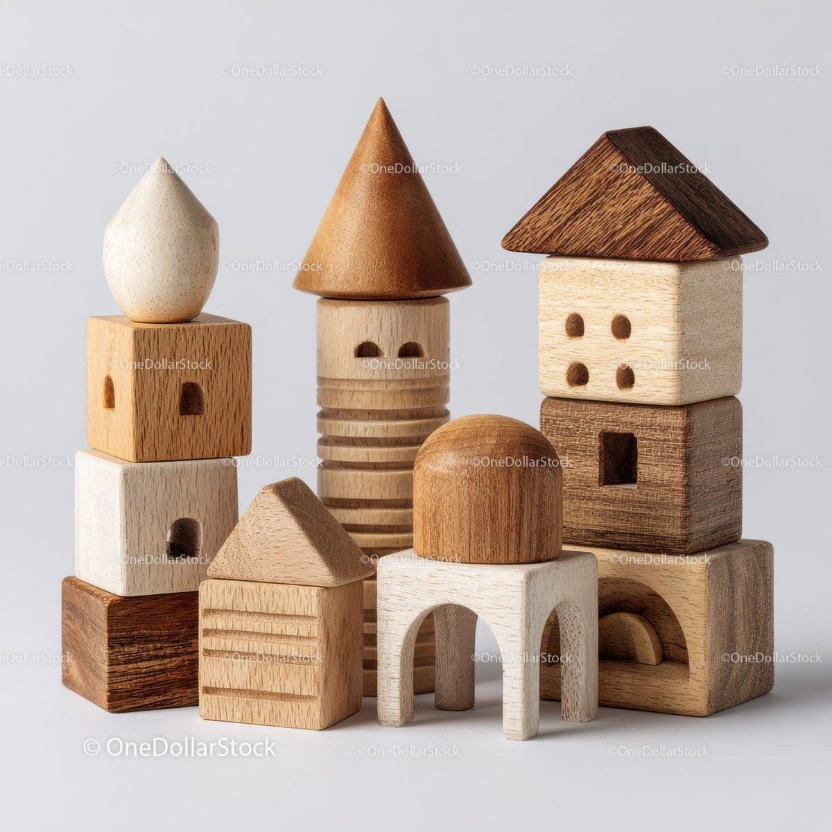 Natural wooden building blocks with geometric shapes in various wood tones arranged on light background