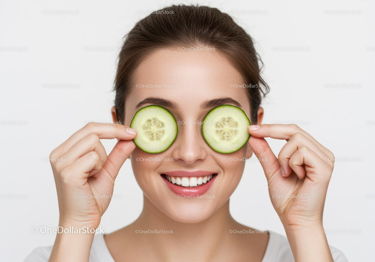 Smiling Woman with Cucumber Slices Over Eyes for Refreshing Skin Care