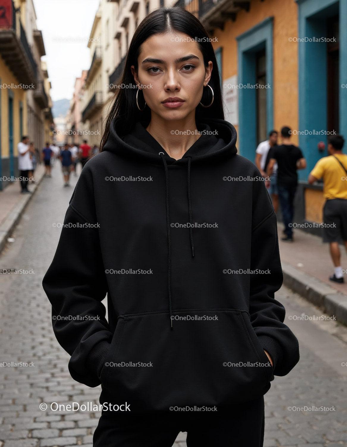 Fashionable Woman Wearing Black Hoodie in Urban City Street Stock Photo Bundle preview 10