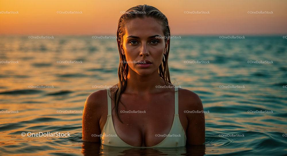 Elegant Woman in Swimwear Swimming in Calm Ocean at Sunset