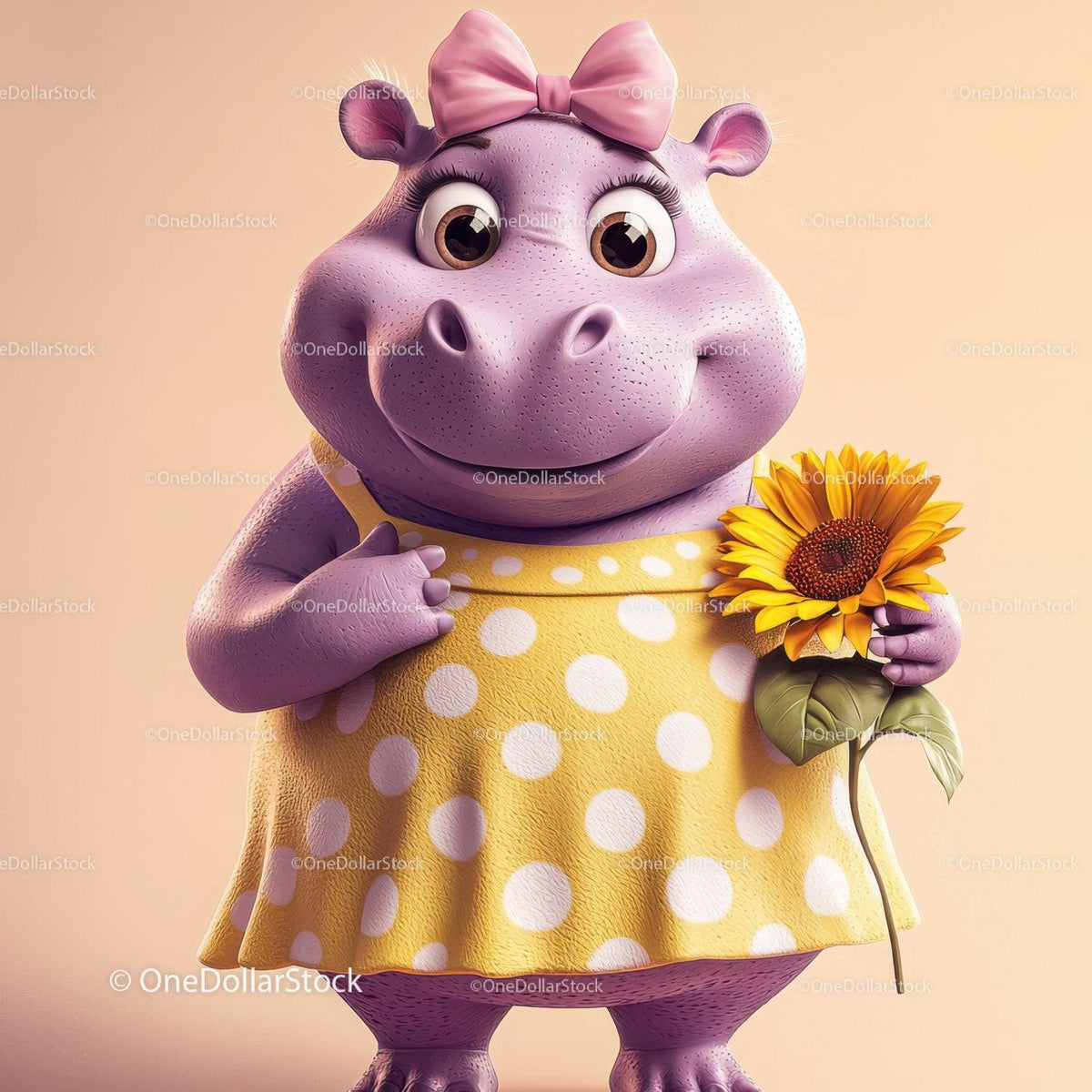 Purple cartoon hippo in yellow polka dot dress holding sunflower with pink bow