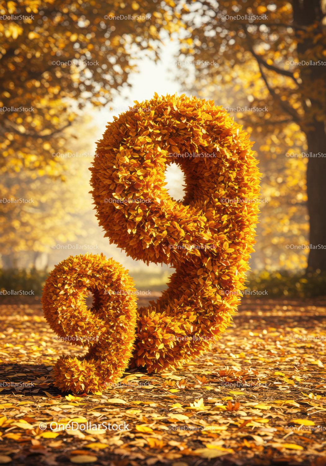 Number Nine Shaped from Autumn Leaves in Forest Path