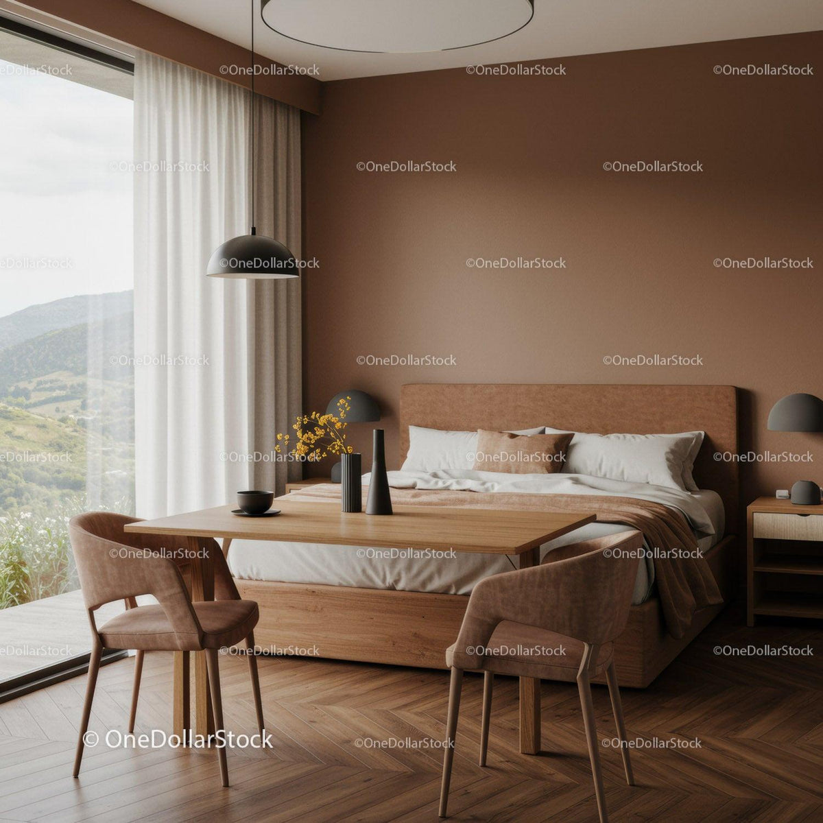 Modern Bedroom Interior with Cozy Bed and Scenic Mountain View
