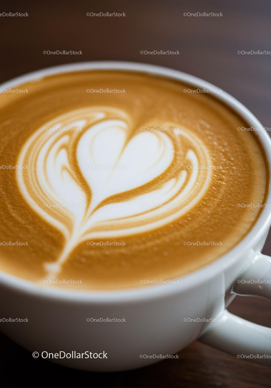 Close up of latte art heart in ceramic cup