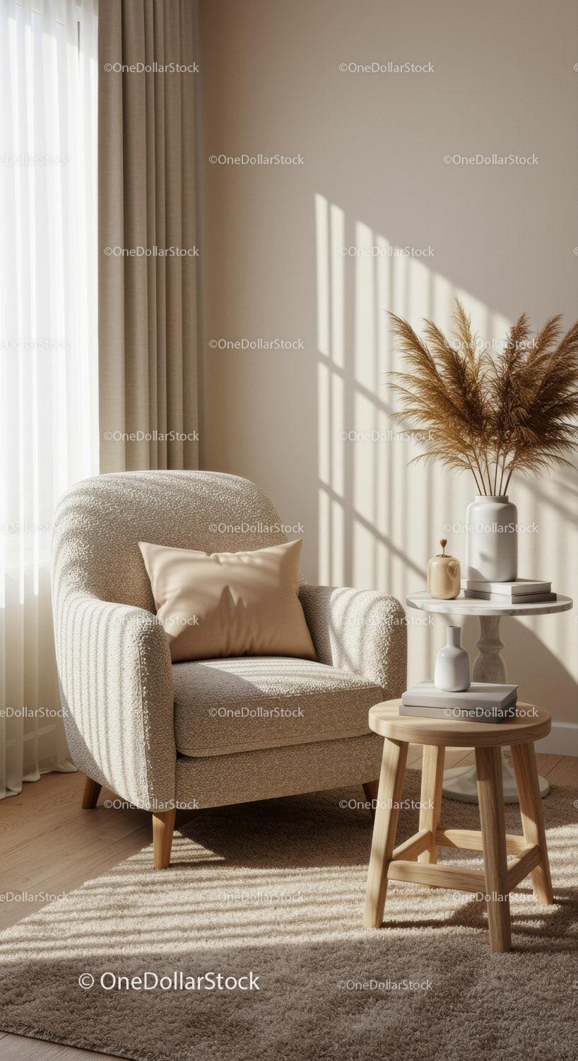 Cozy neutral armchair nook with soft natural lighting