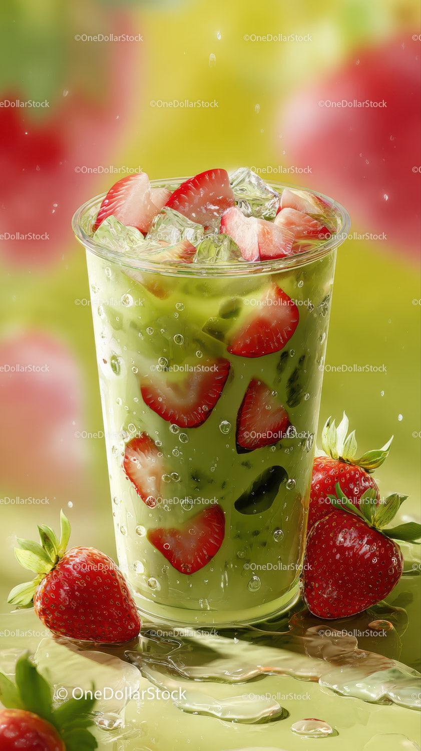 Refreshing Strawberry Fruit Juice with Ice Glass Beverage
