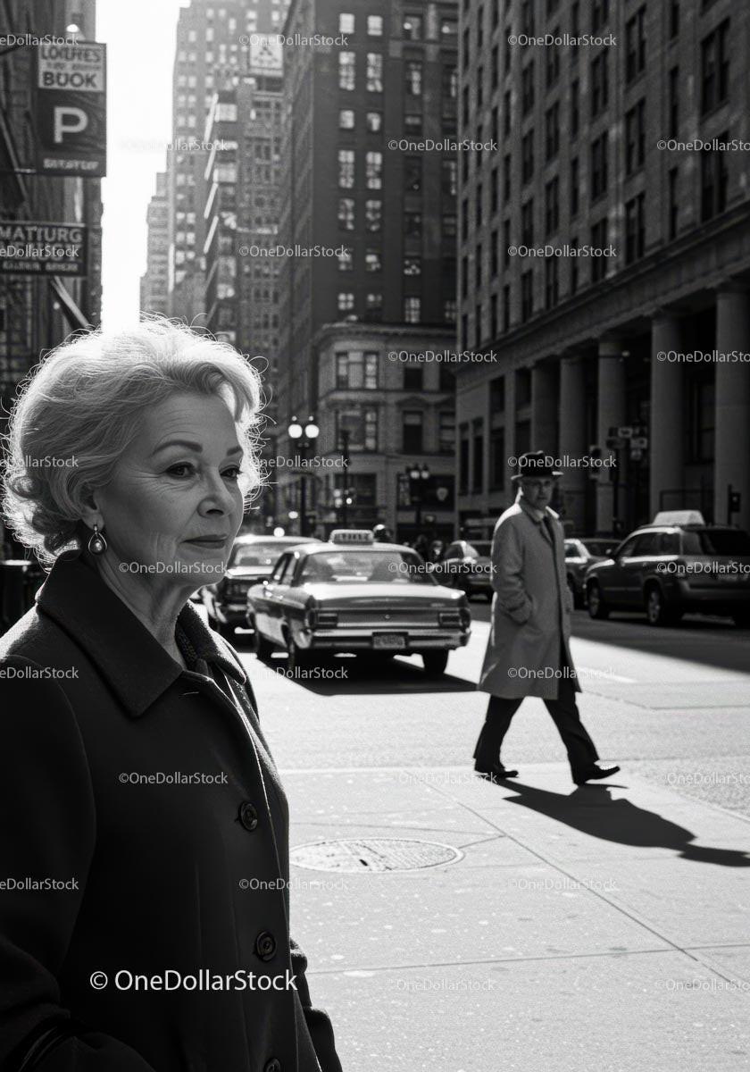 Urban City Street Scene with Older Woman and Vintage Car in Black and White