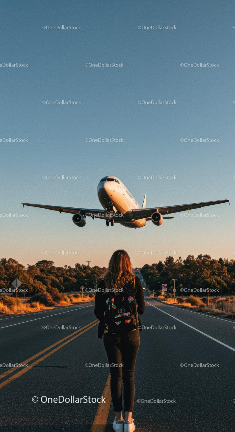 Female Traveler Waiting on Roadside as Airplane Flies Over Scenic Highway