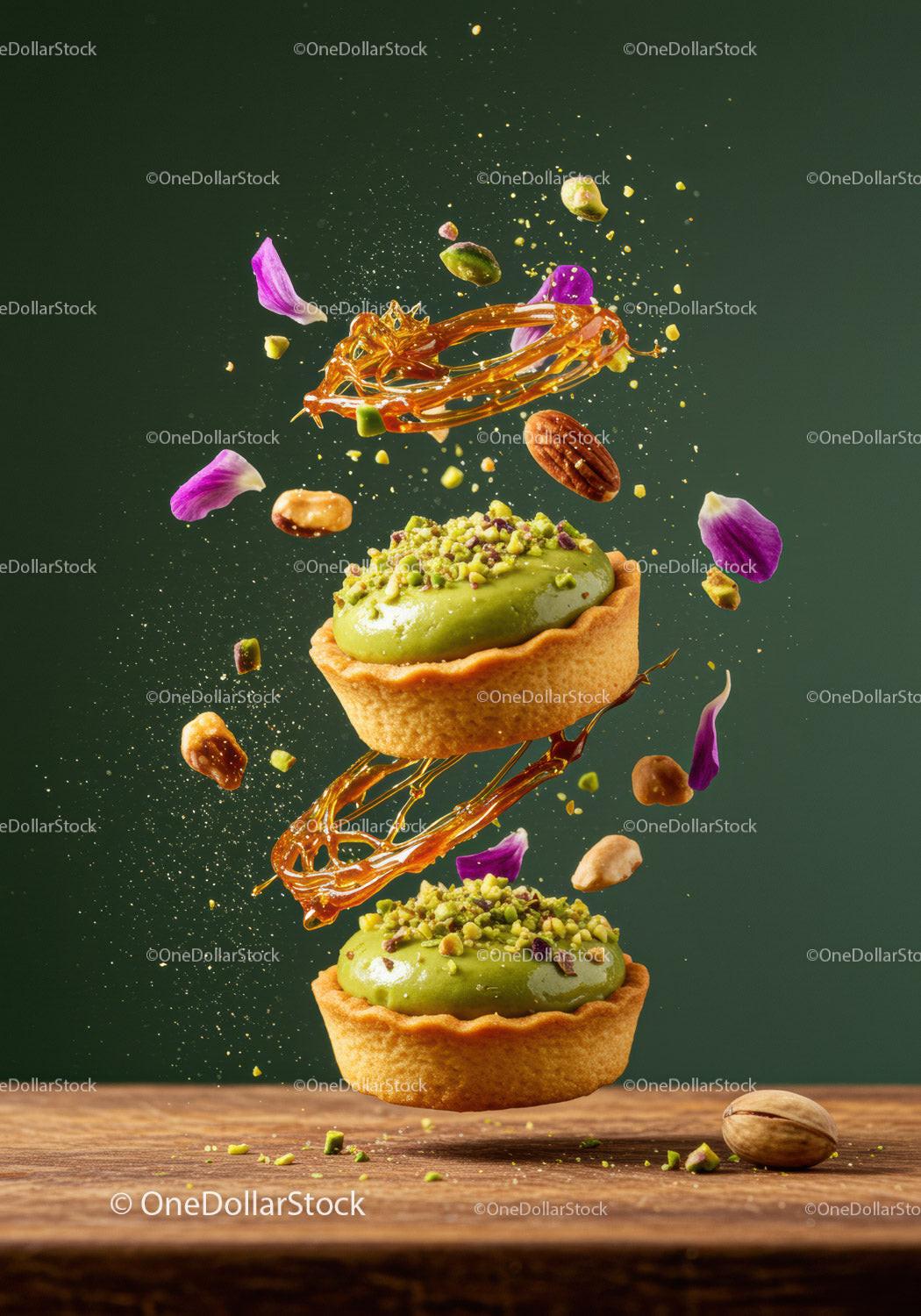 Green pistachio tarts with caramel and flower petals