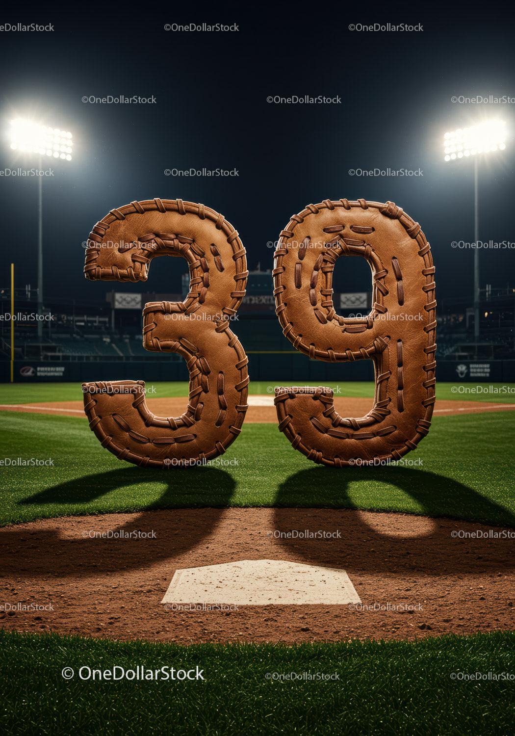 Leather Baseball Numbers 39 on Field at Night