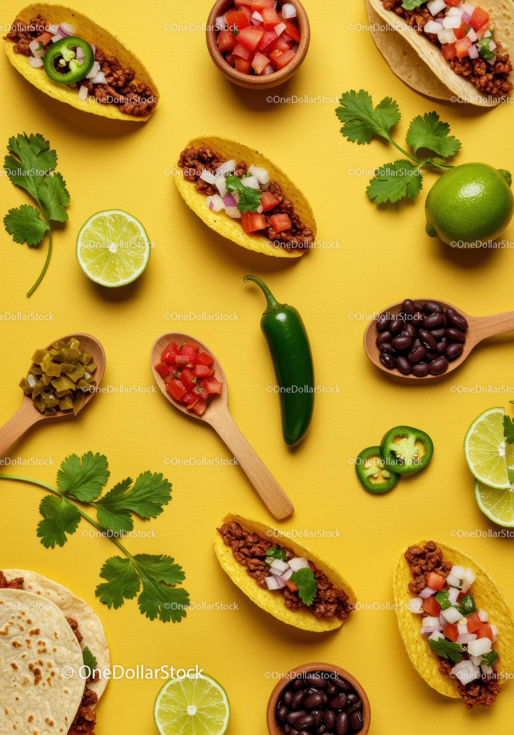 Assorted tacos with fresh ingredients on yellow background