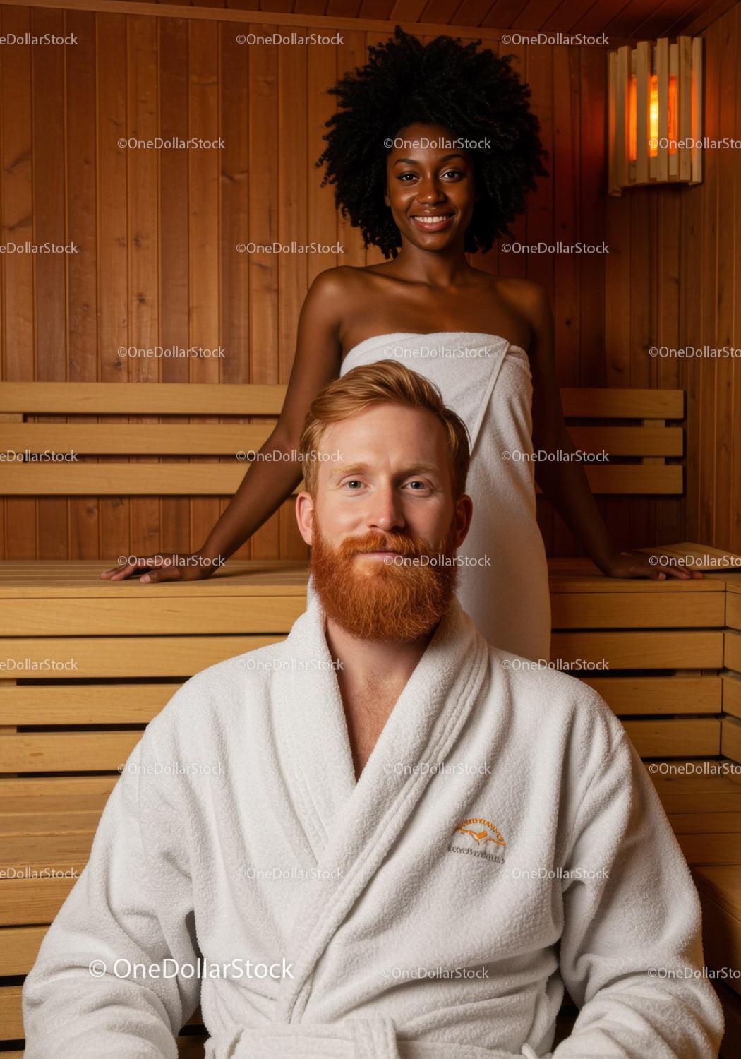 Relaxing Spa Sauna Session with Happy Couple in Wooden Interior