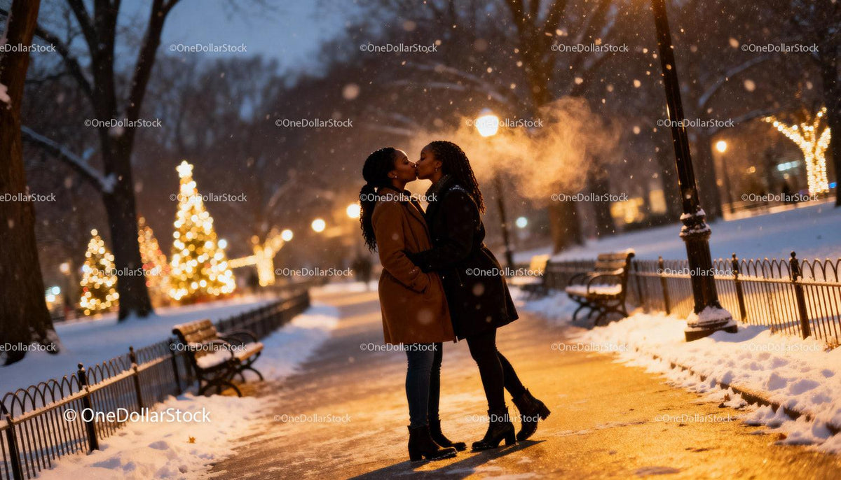 Romantic Winter Kiss Between Two Women in Park