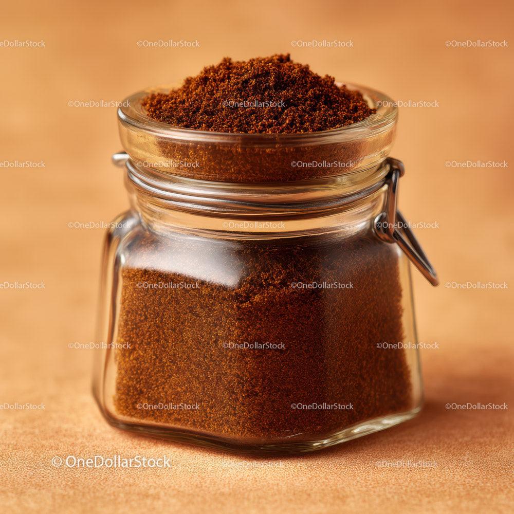 Ground Coffee in Clear Glass Jar with Silver Clasp for Breakfast