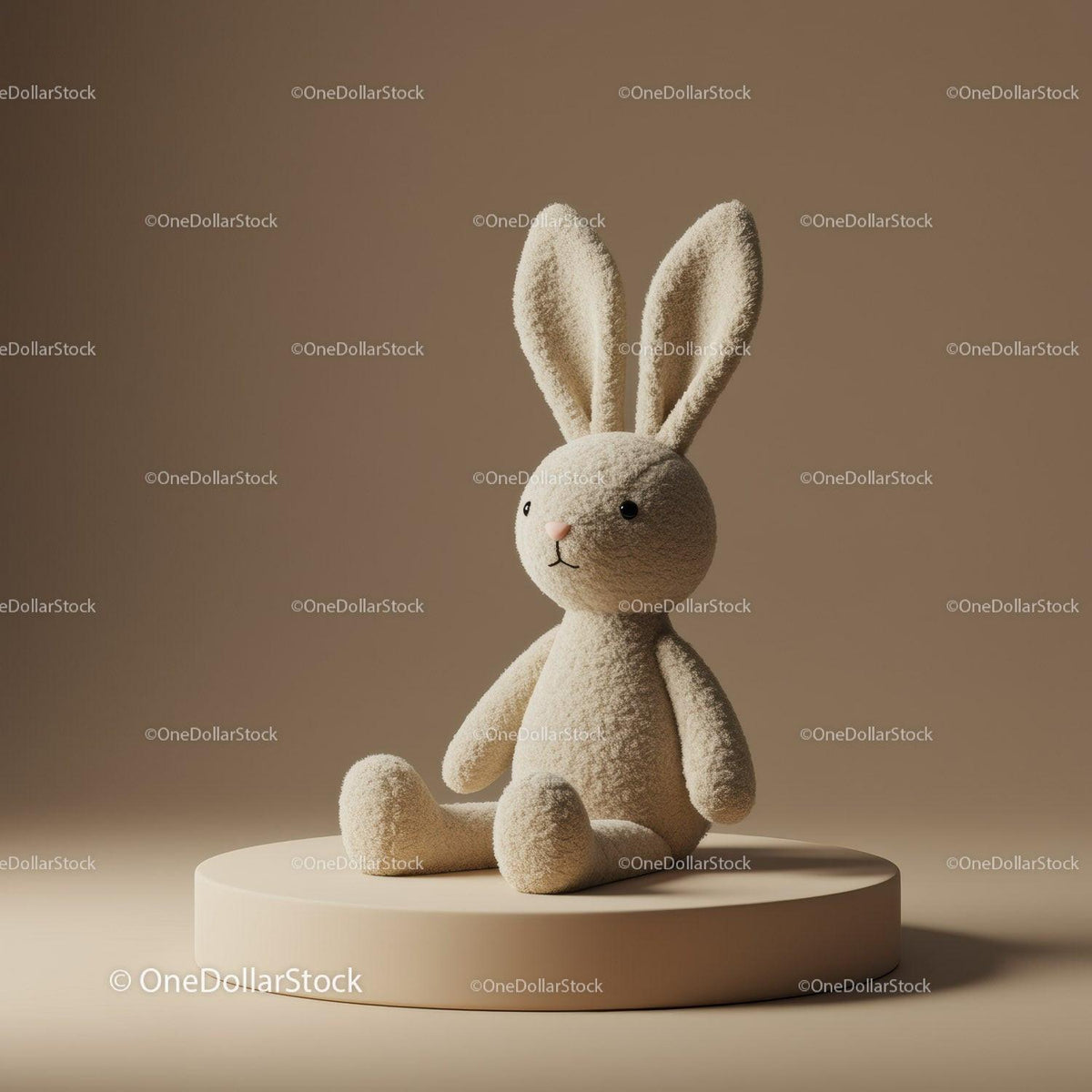 Soft plush bunny toy sitting on beige pedestal
