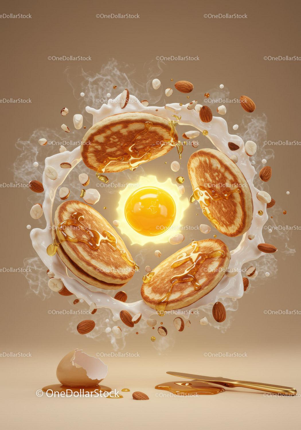 Golden pancakes with honey and nuts in floating splash
