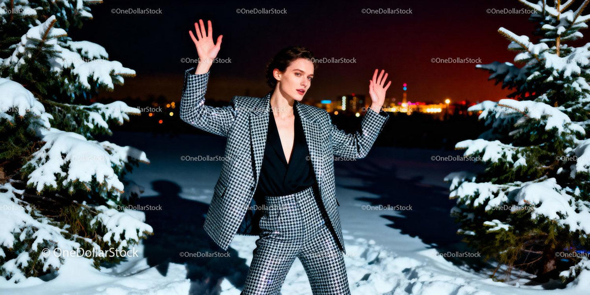 Woman in patterned suit posing outdoors on snowy night