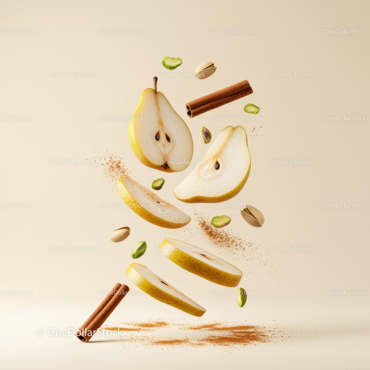 Floating pear slices with cinnamon and pistachios