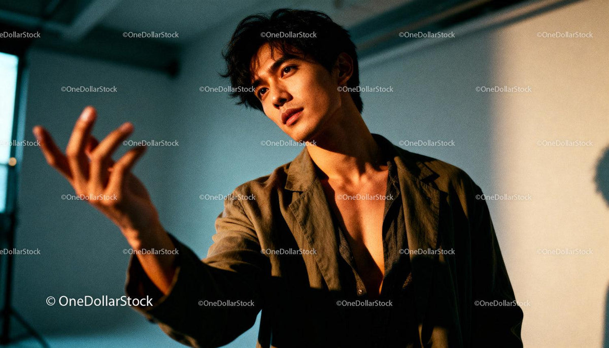 Thoughtful young man reaching out indoors with warm light