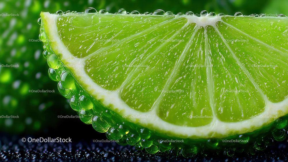Fresh Lime Slice with Dew Drops Against a Green Background