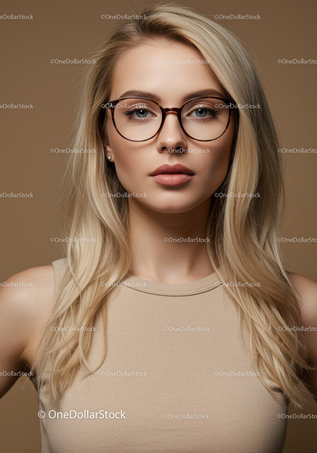 Elegant Blonde Woman Wearing Glasses in Professional Studio Portrait