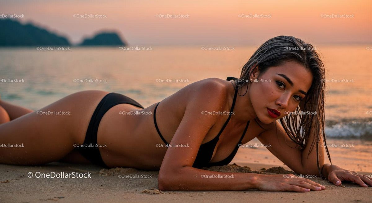 Elegant Woman in Black Bikini Lying on Beach at Sunset Stock Photo Bundle preview 8