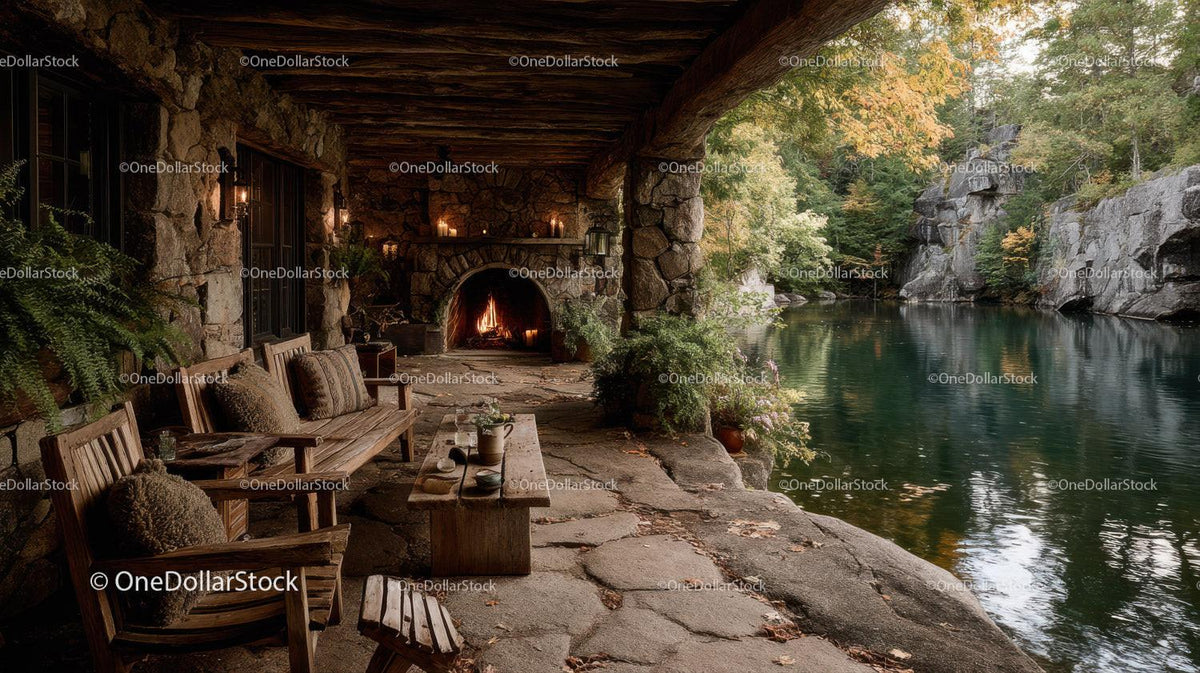 Rustic Riverside Cabin with Stone Fireplace Surrounded by Autumn Foliage Stock Photo Bundle preview