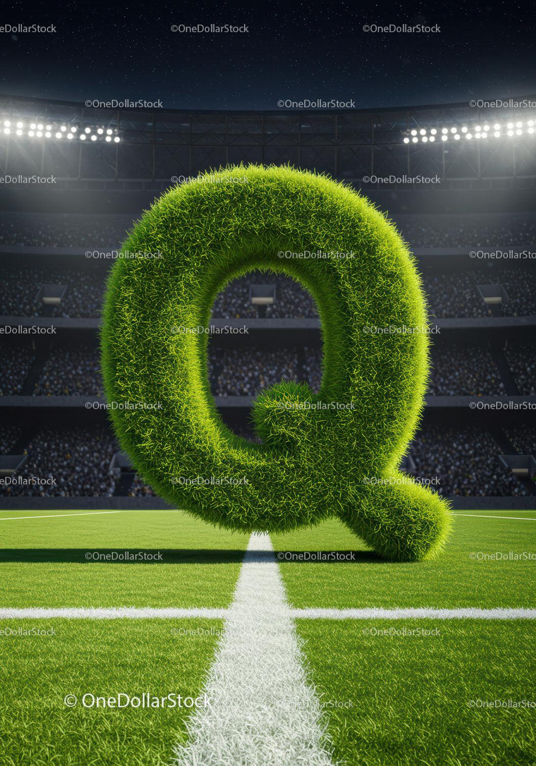 Grass Covered Letter Q on Stadium Soccer Field